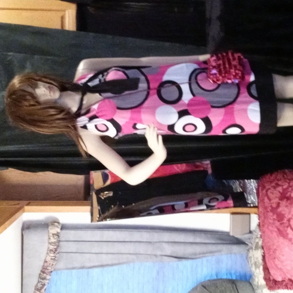 Carina- pink & navy blue Go Go style, short mini;rayon/poly dress -sz 8 approx.